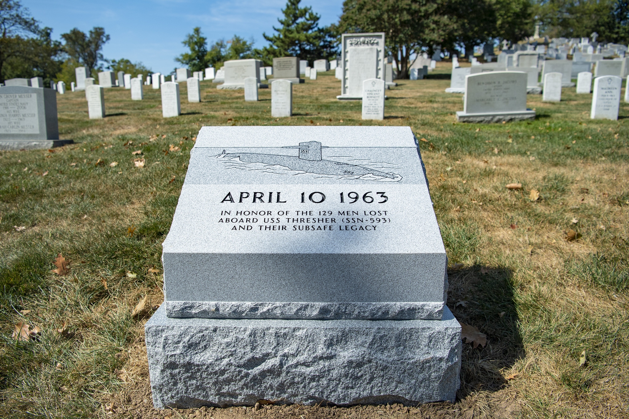 The USS Thresher Memorial, with inscription reading: April 10, 1963 - In honor of the 129 men lost aboard USS Thresher (SSN-593) and their subsafe legacy