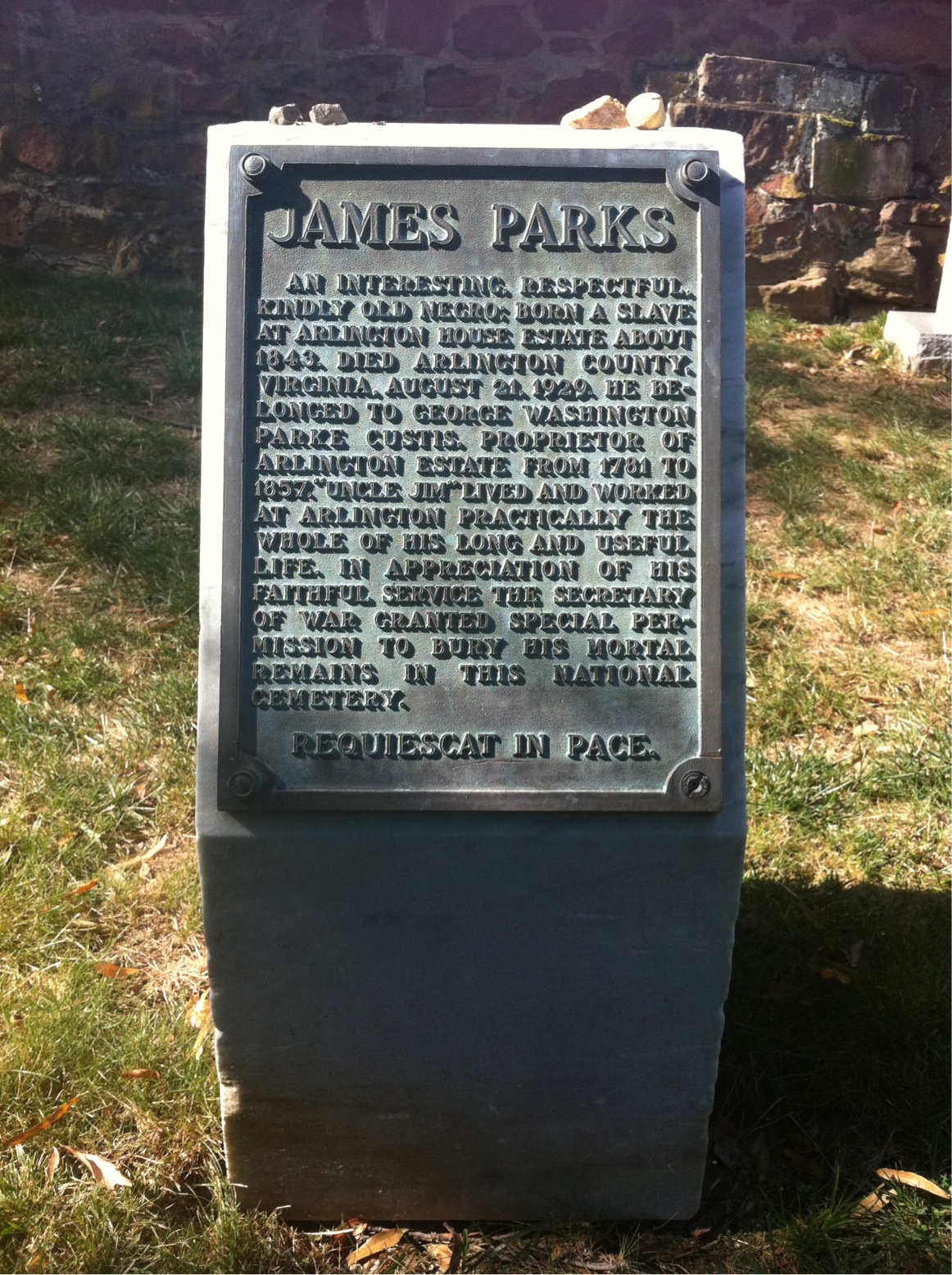 Gravesite of James Parks, a former slave and the only person buried at Arlington National Cemetery who was born on the property Gravesite of James Parks, a former slave and the only person buried at Arlington National Cemetery who was born on the property